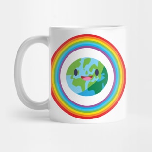 happy planet earth with a rainbow around it Mug